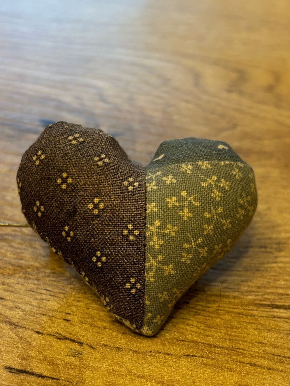 Vintage Maximalist Handmade patchwork Two-Tone Heart Pin Cushion one of a kind